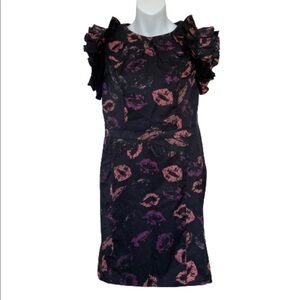 Shulami Black Lip Print Ruffle Sleeve Party Night Club Formal Women’s Mini Dress